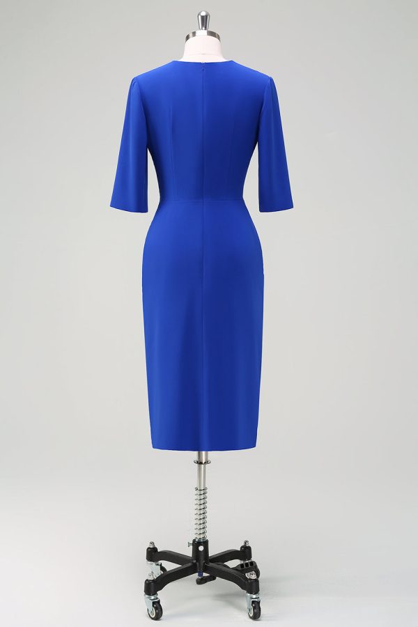 Royal Blue Ruched V Neck Wedding Guest Dress with Short Sleeves - Image 2