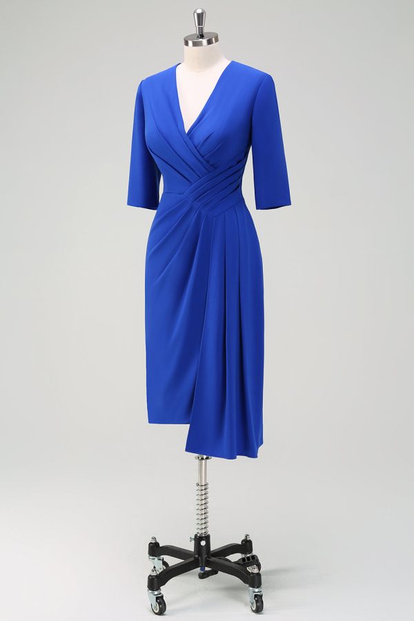 Royal Blue Ruched V Neck Wedding Guest Dress with Short Sleeves - Image 3