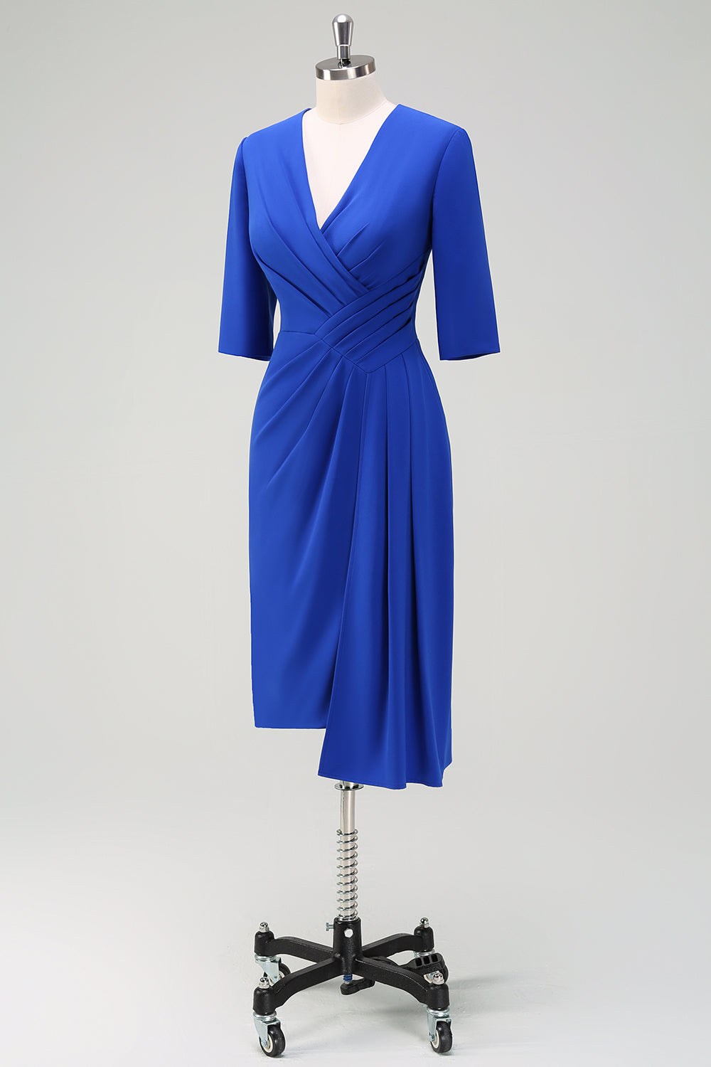 Royal Blue Ruched V Neck Wedding Guest Dress with Short Sleeves - Image 3