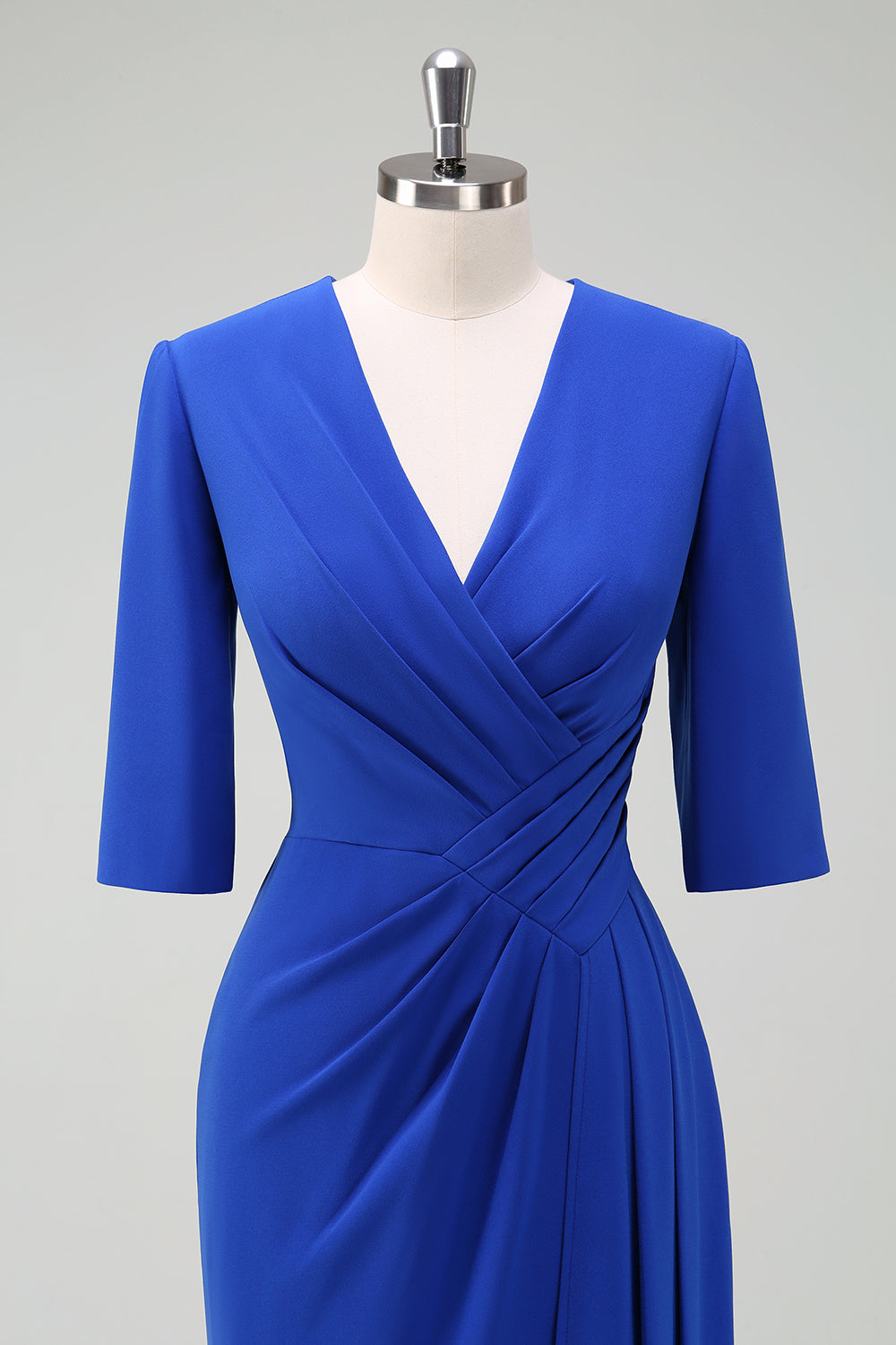Royal Blue Ruched V Neck Wedding Guest Dress with Short Sleeves - Image 4