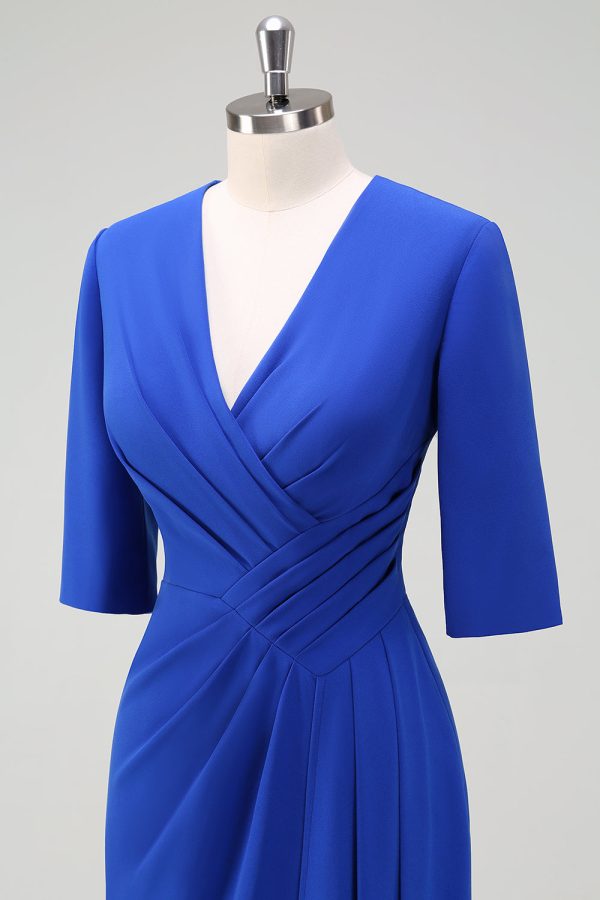 Royal Blue Ruched V Neck Wedding Guest Dress with Short Sleeves - Image 6