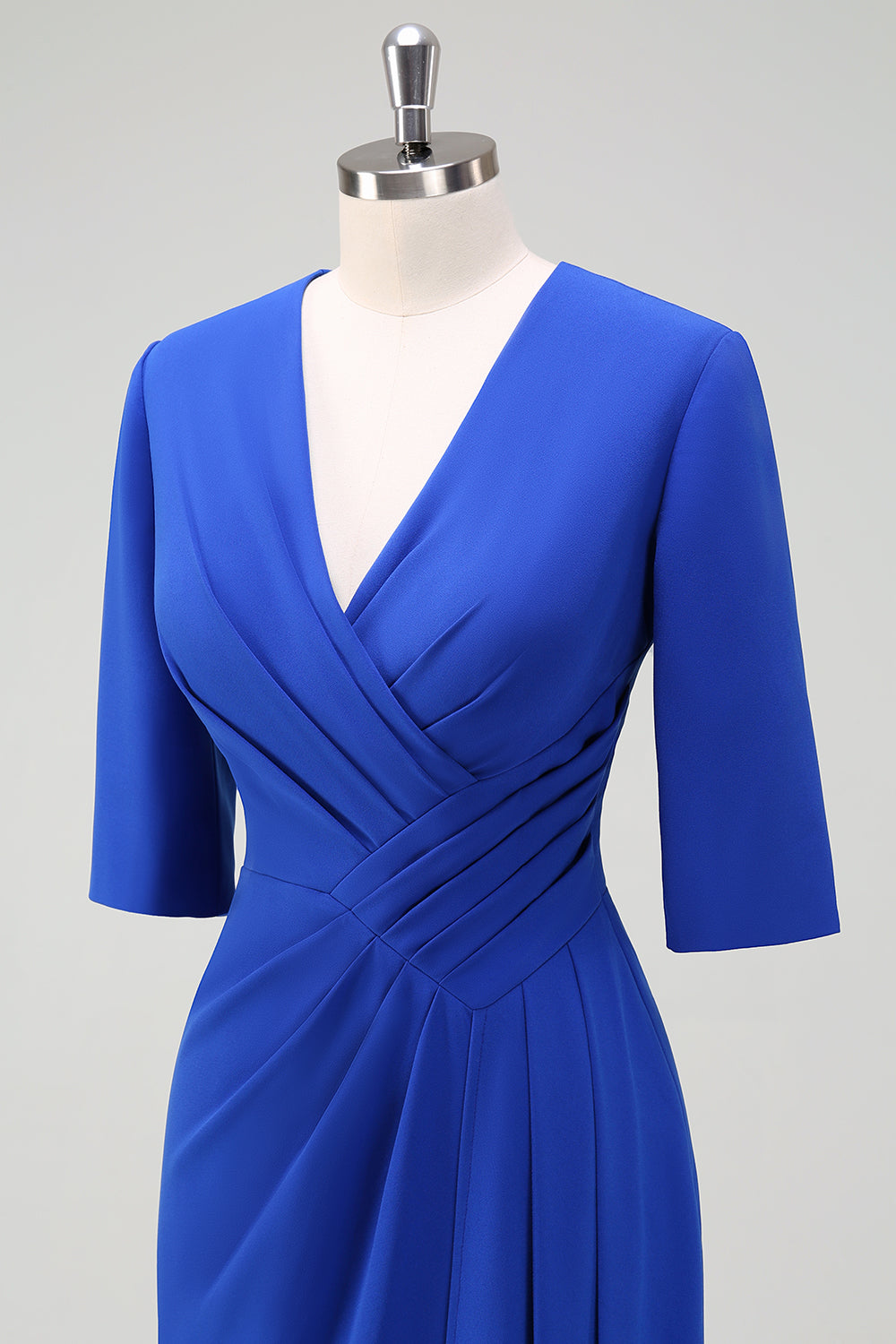 Royal Blue Ruched V Neck Wedding Guest Dress with Short Sleeves - Image 6