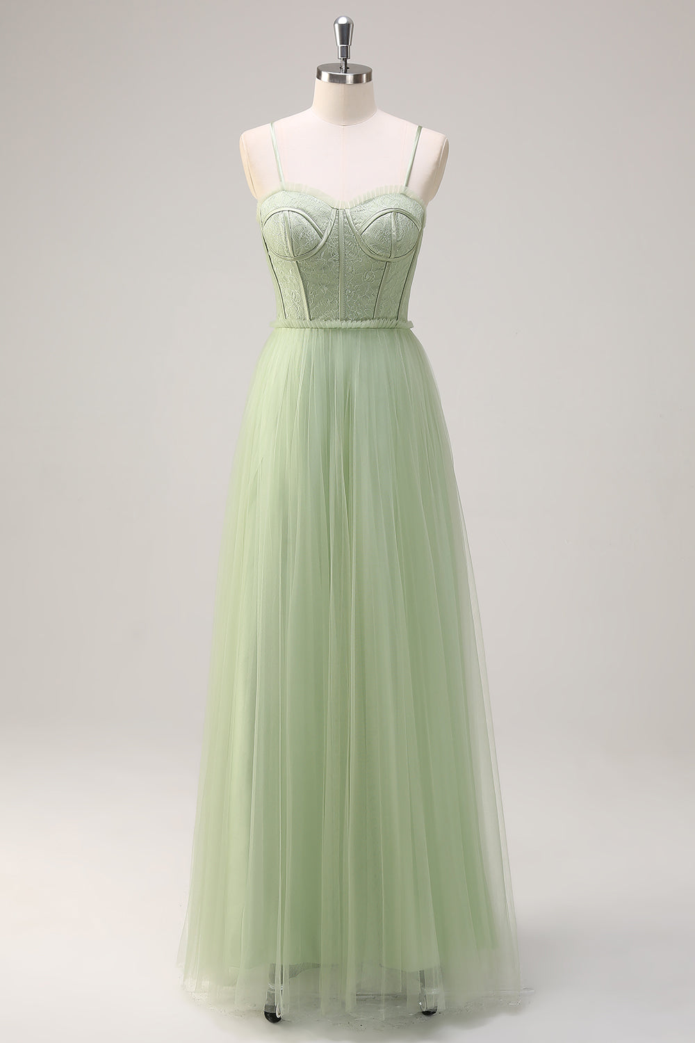 Sage A Line Corset Spaghetti Straps Tulle Bridesmaid Dress - Image 1