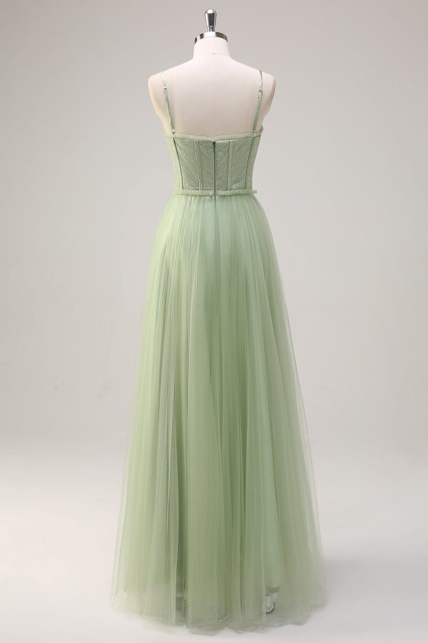 Sage A Line Corset Spaghetti Straps Tulle Bridesmaid Dress - Image 2