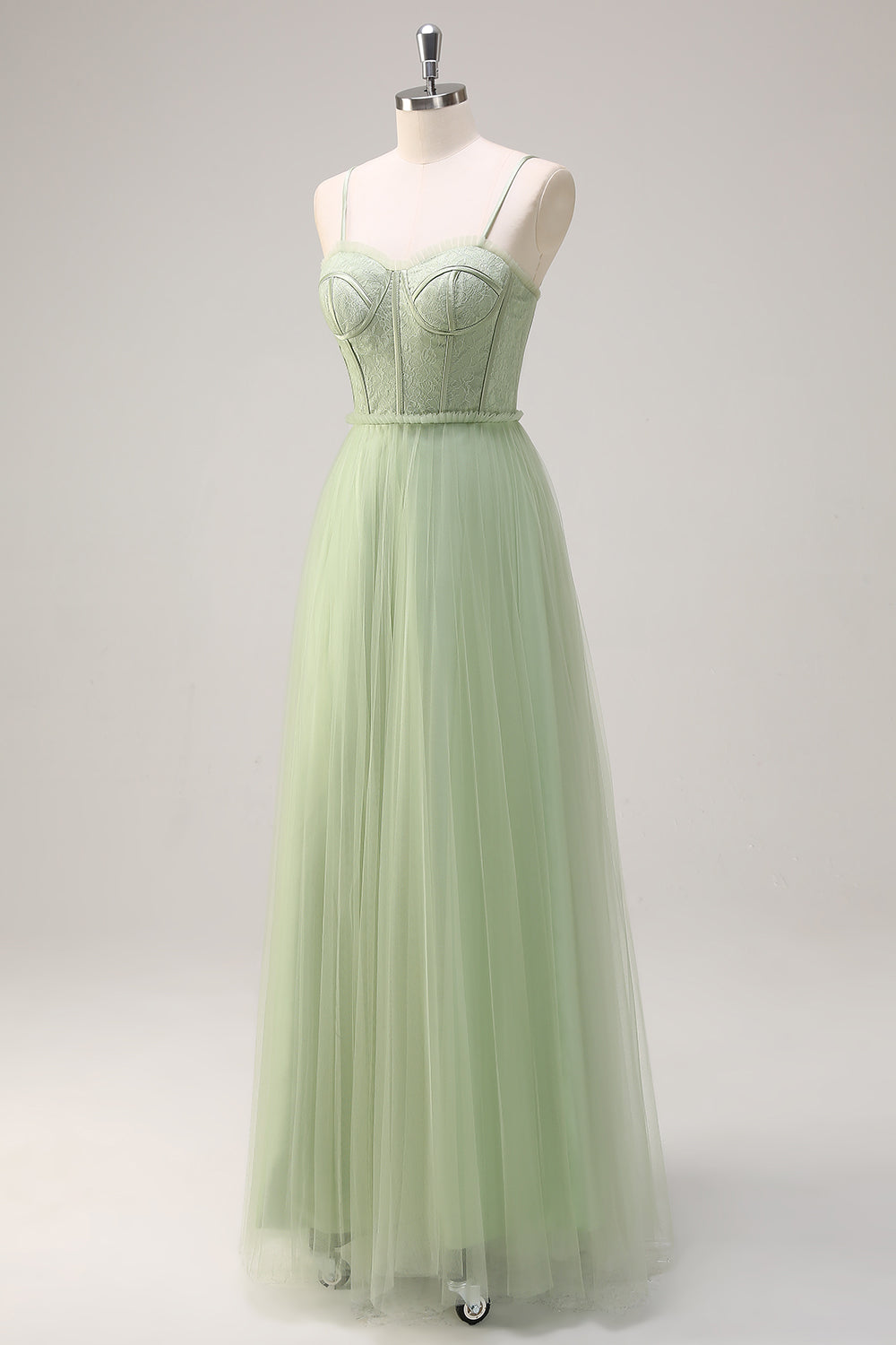Sage A Line Corset Spaghetti Straps Tulle Bridesmaid Dress - Image 3