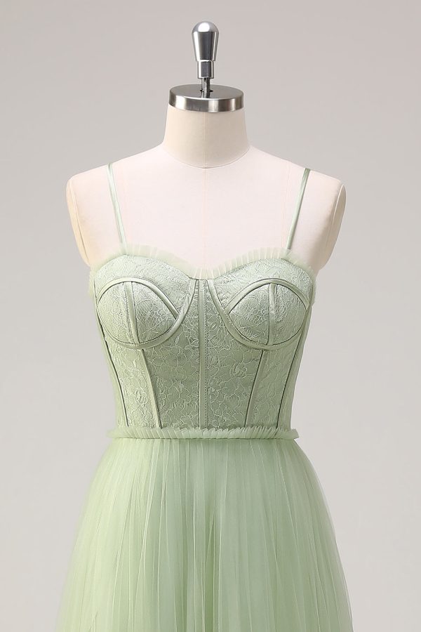 Sage A Line Corset Spaghetti Straps Tulle Bridesmaid Dress - Image 4