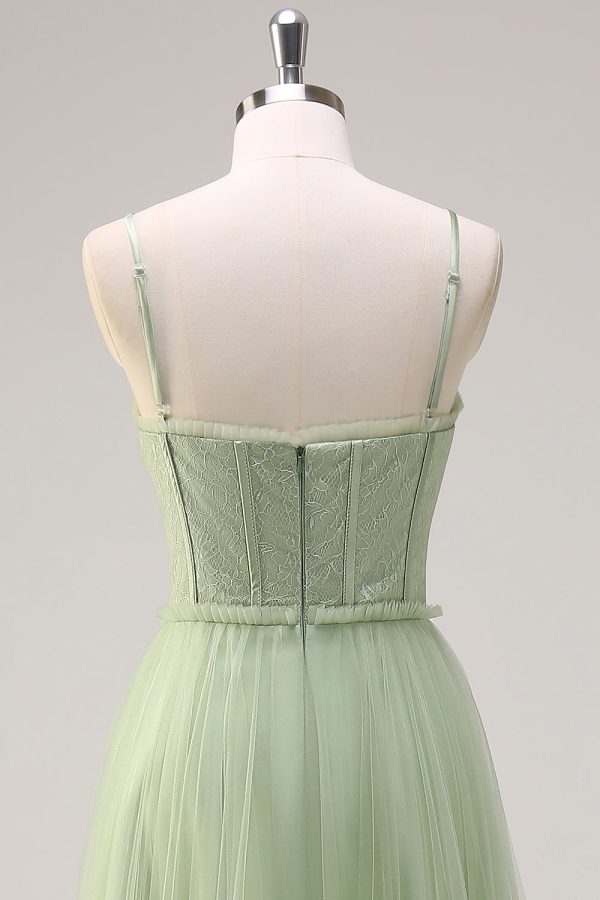 Sage A Line Corset Spaghetti Straps Tulle Bridesmaid Dress - Image 5