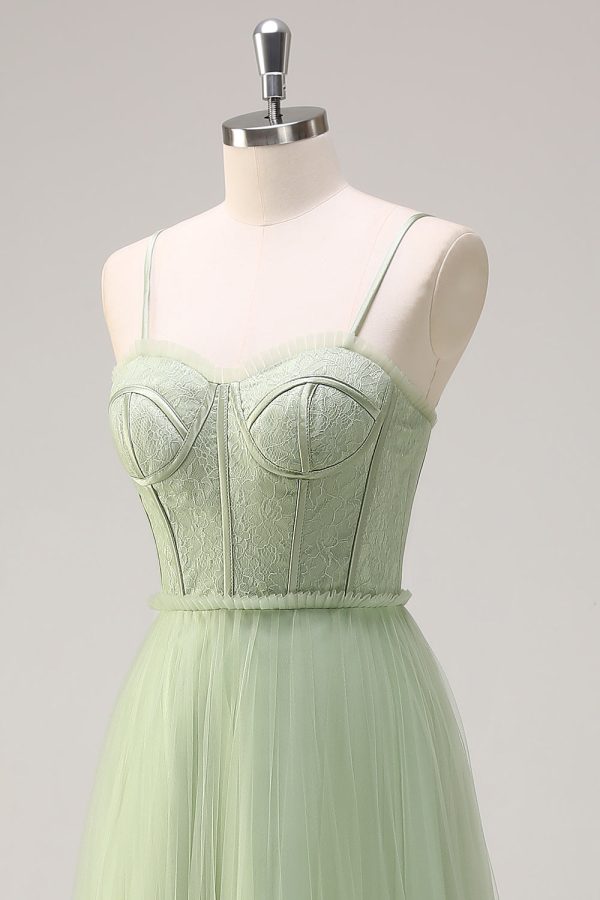 Sage A Line Corset Spaghetti Straps Tulle Bridesmaid Dress - Image 6