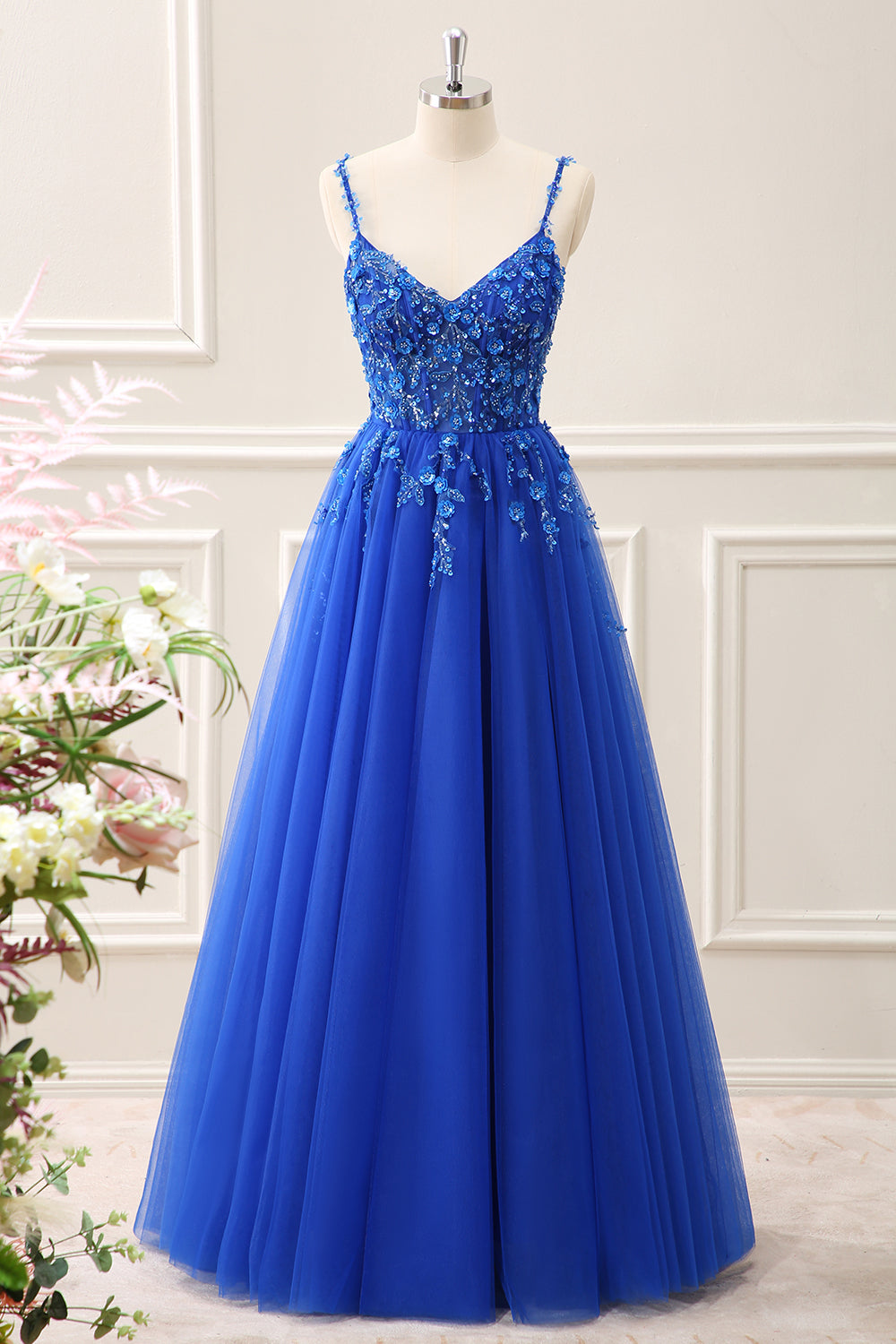 Royal Blue Corset Sequined A Line Tulle Maxi Dress with Appliques - Image 1
