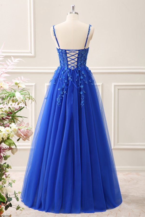 Royal Blue Corset Sequined A Line Tulle Maxi Dress with Appliques - Image 2