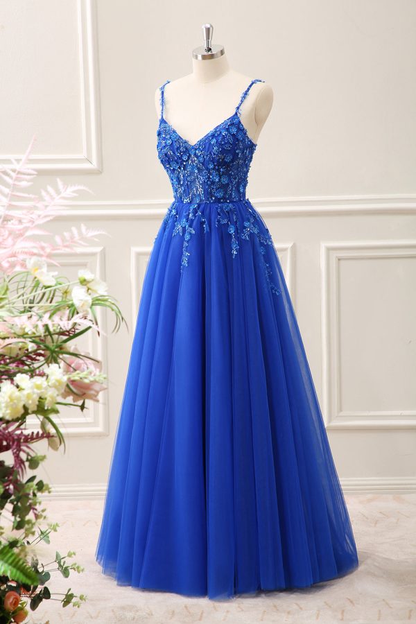 Royal Blue Corset Sequined A Line Tulle Maxi Dress with Appliques - Image 3