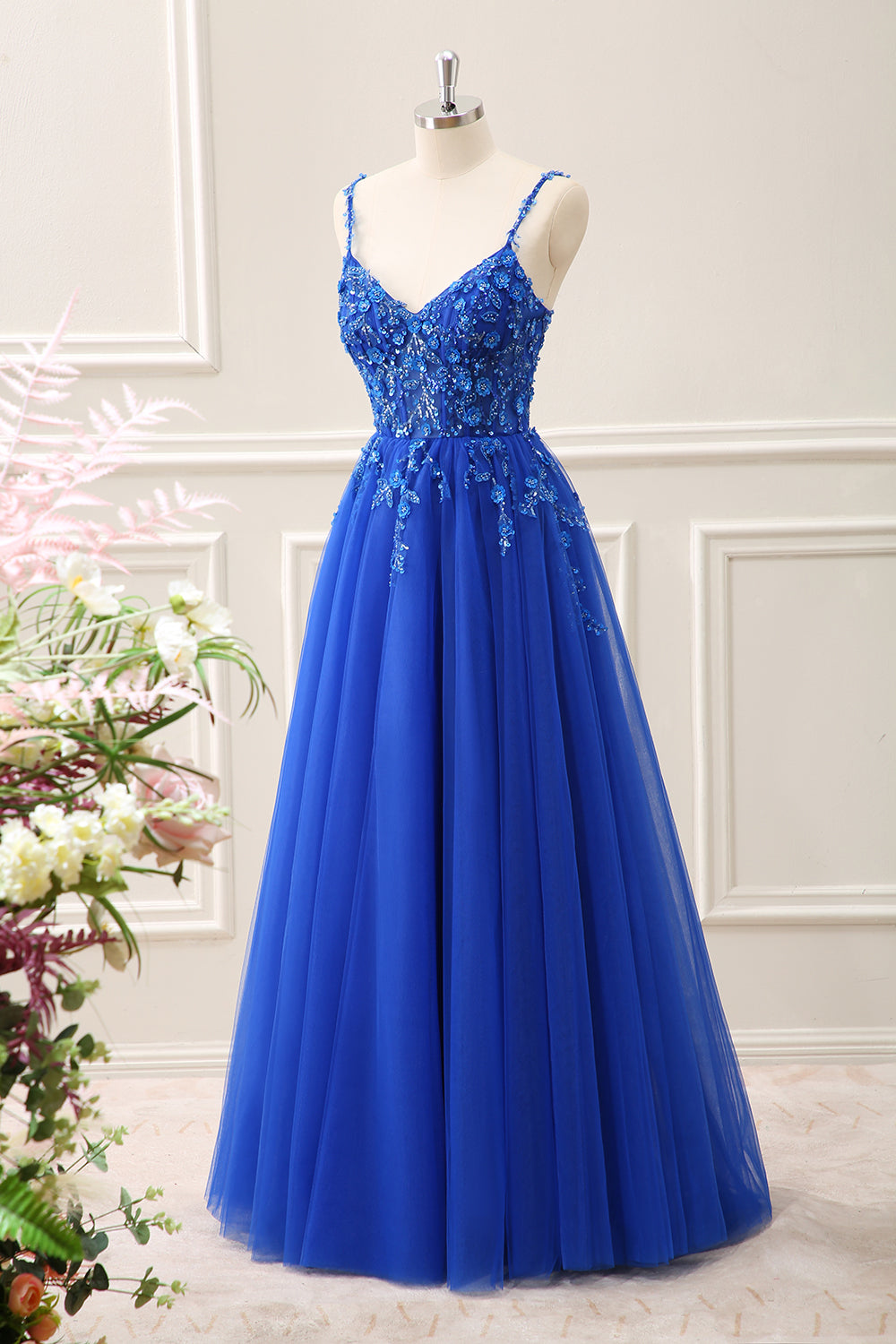 Royal Blue Corset Sequined A Line Tulle Maxi Dress with Appliques - Image 3