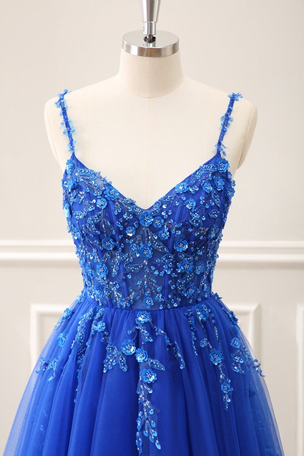 Royal Blue Corset Sequined A Line Tulle Maxi Dress with Appliques - Image 4