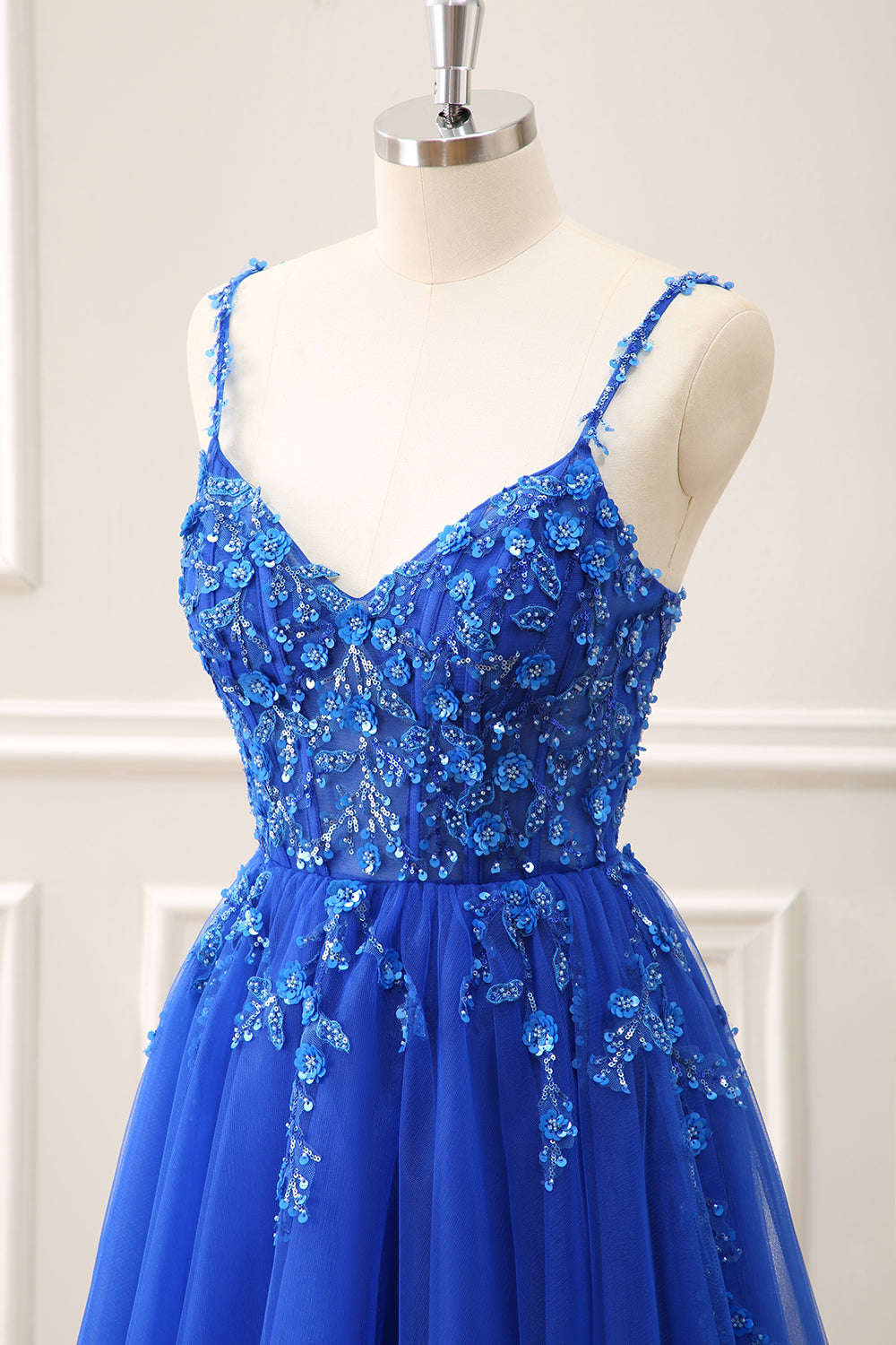 Royal Blue Corset Sequined A Line Tulle Maxi Dress with Appliques - Image 6