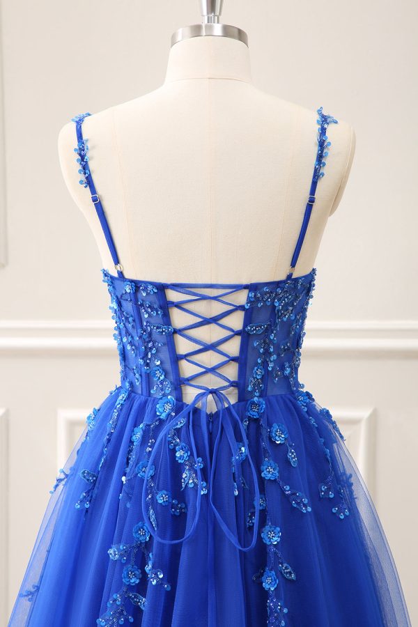 Royal Blue Corset Sequined A Line Tulle Maxi Dress with Appliques - Image 5