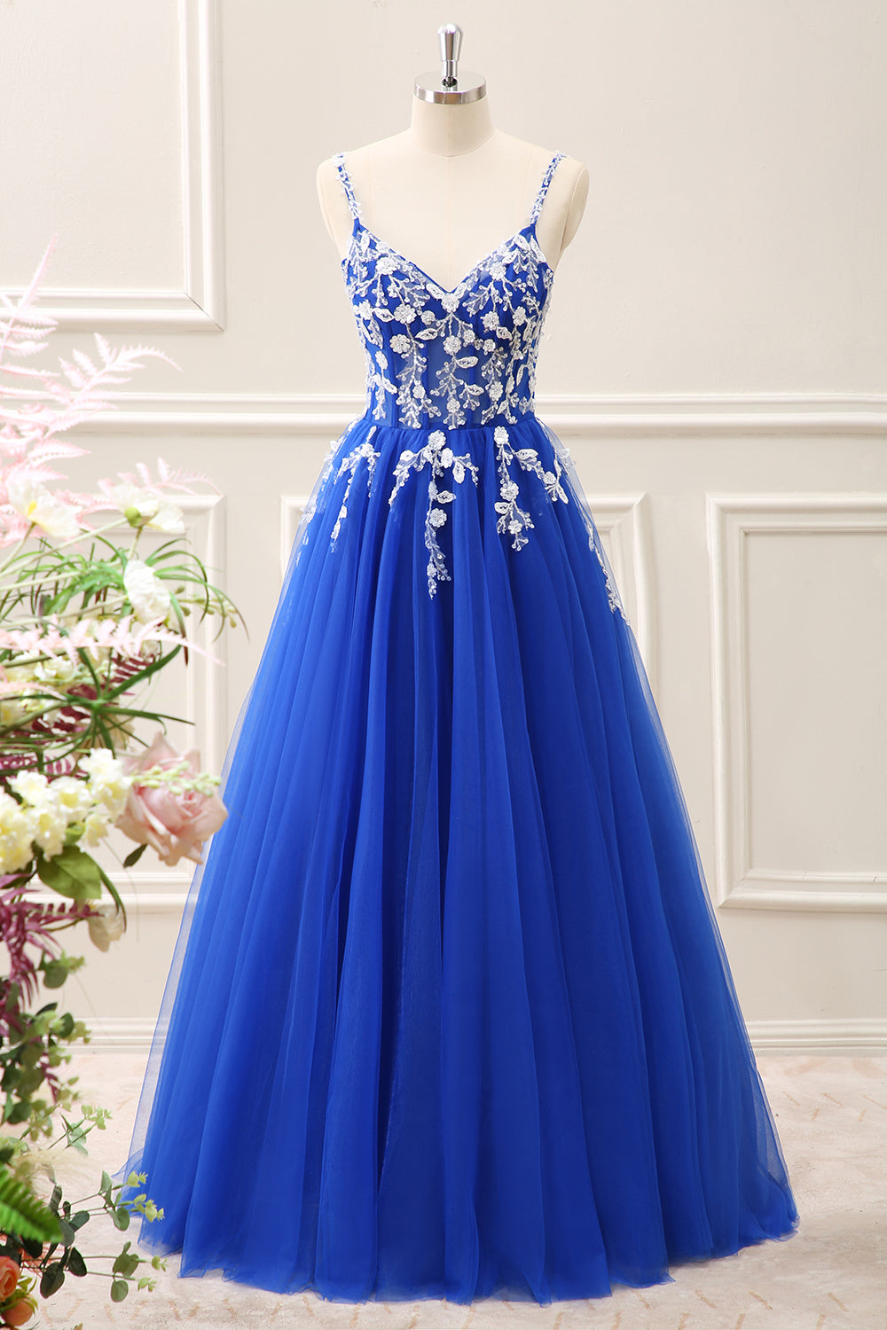 Royal Blue Corset Sequined A Line Tulle Maxi Dress with Appliques - Image 31