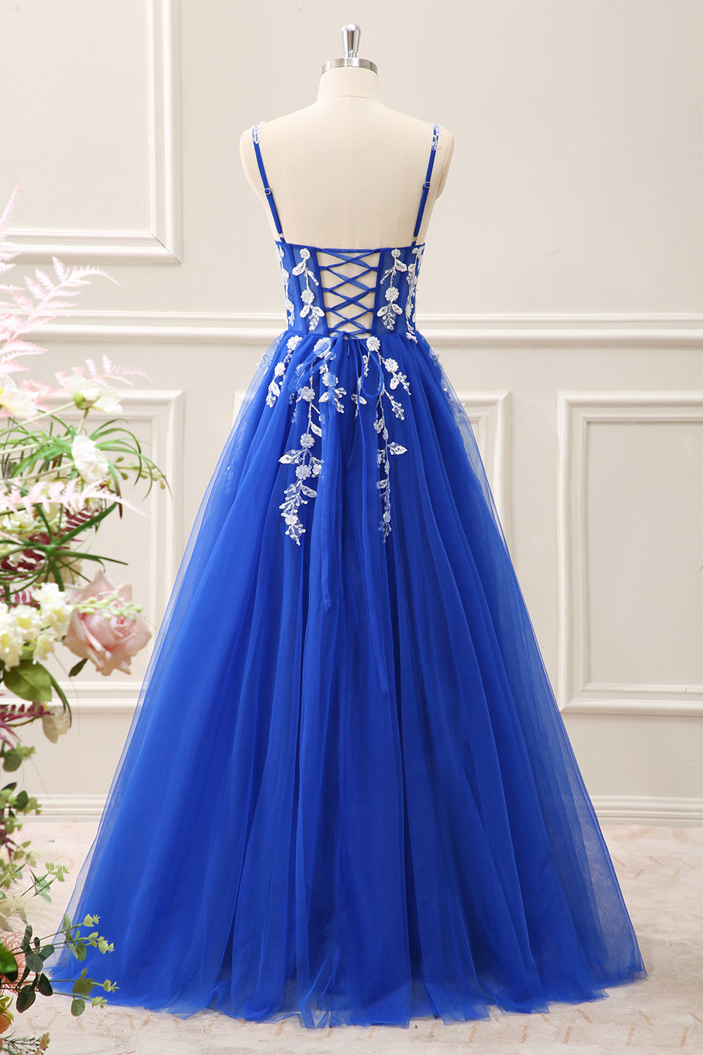 Royal Blue Corset Sequined A Line Tulle Maxi Dress with Appliques - Image 32