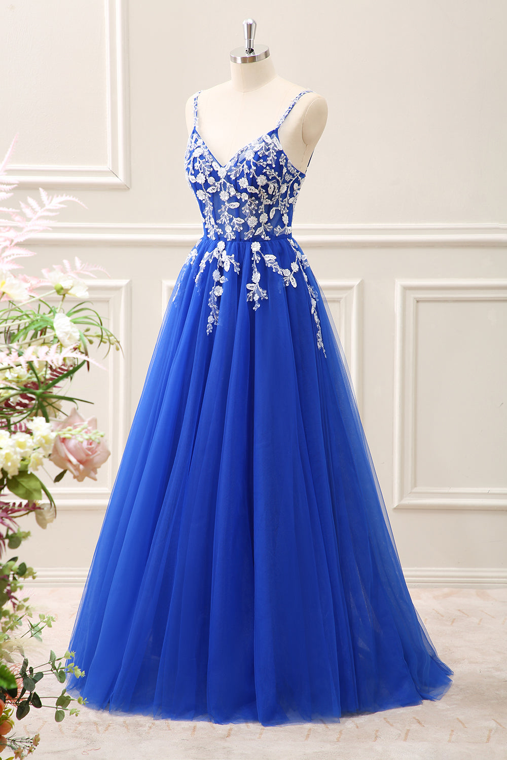 Royal Blue Corset Sequined A Line Tulle Maxi Dress with Appliques - Image 33