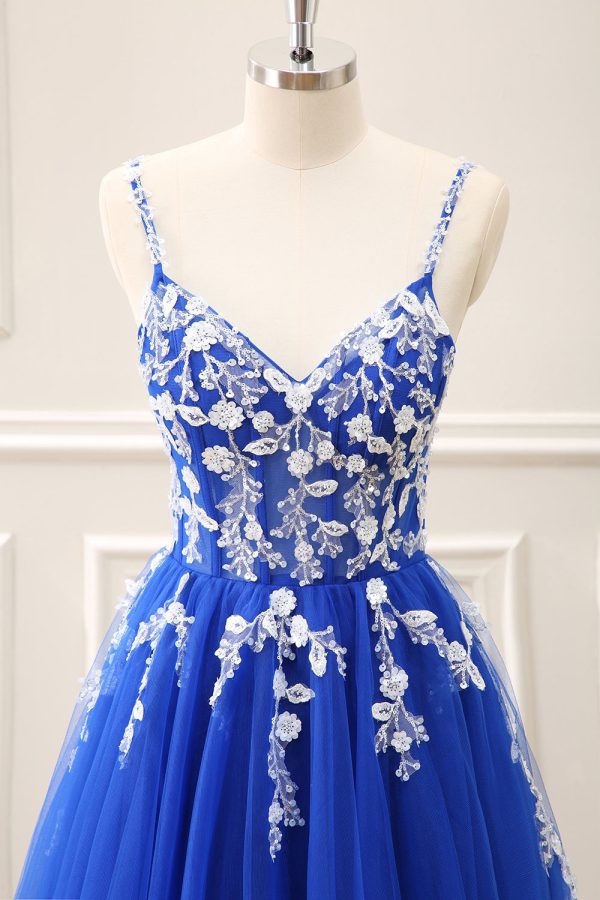Royal Blue Corset Sequined A Line Tulle Maxi Dress with Appliques - Image 34