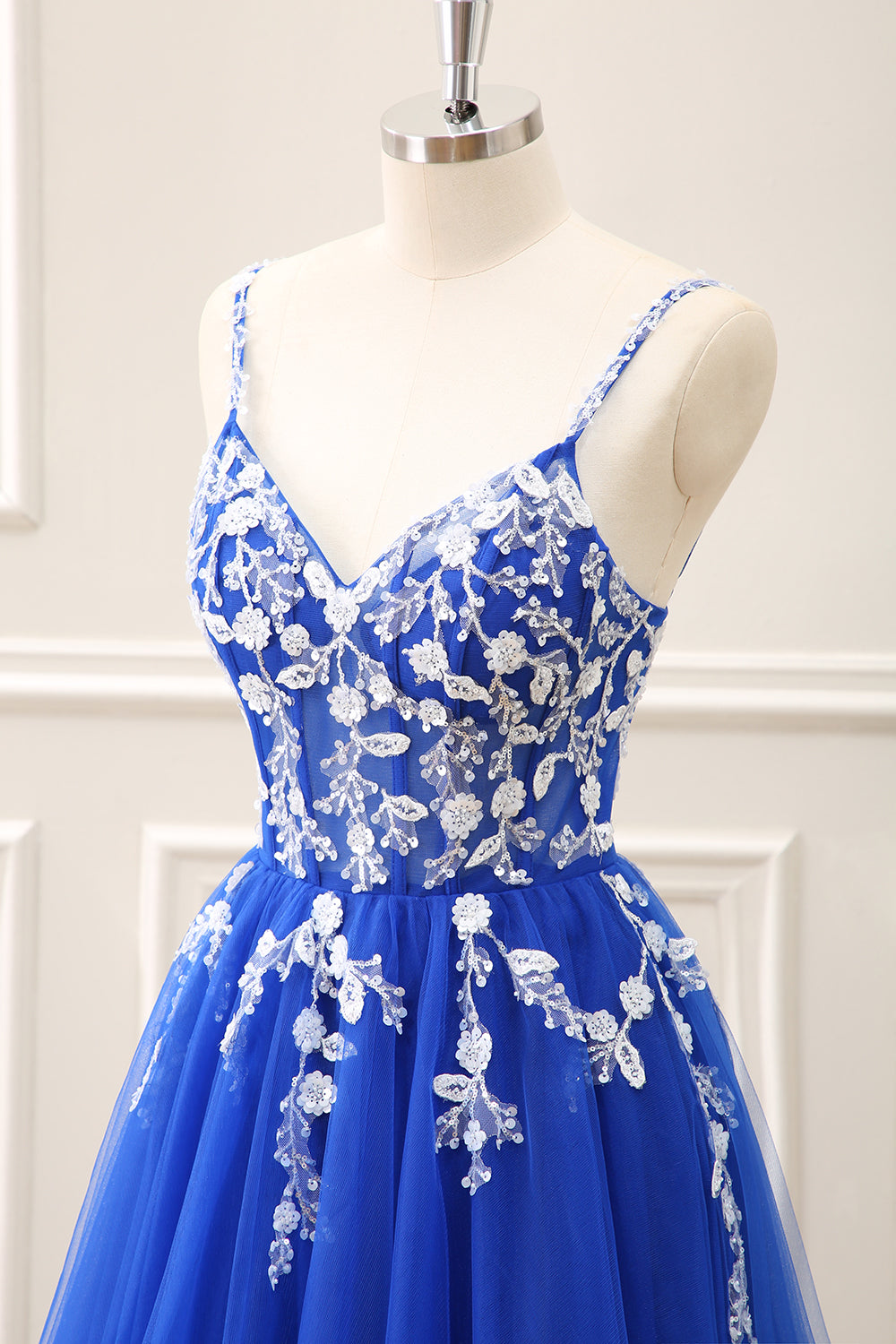 Royal Blue Corset Sequined A Line Tulle Maxi Dress with Appliques - Image 36