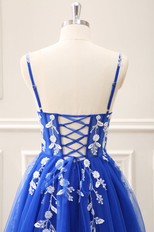 Royal Blue Corset Sequined A Line Tulle Maxi Dress with Appliques - Image 35