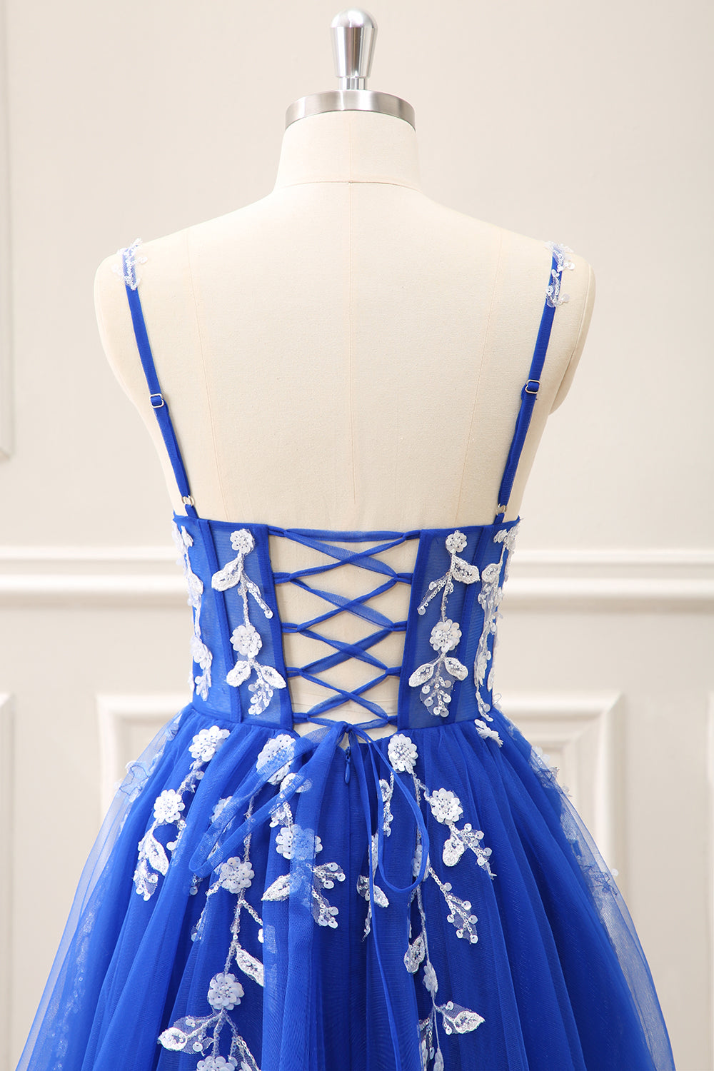 Royal Blue Corset Sequined A Line Tulle Maxi Dress with Appliques - Image 35