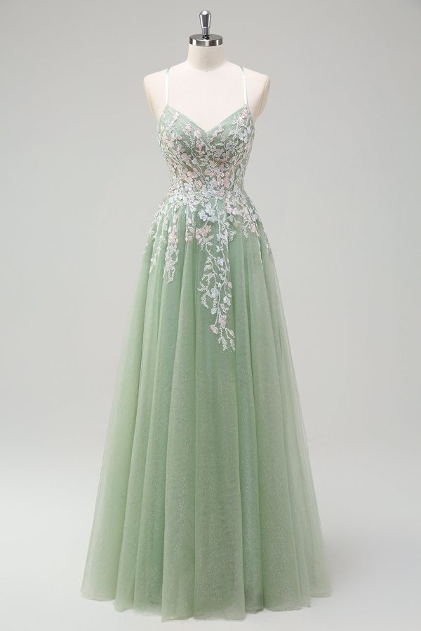 Sage A Line Tulle Applique Prom Dress with Lace-up Back