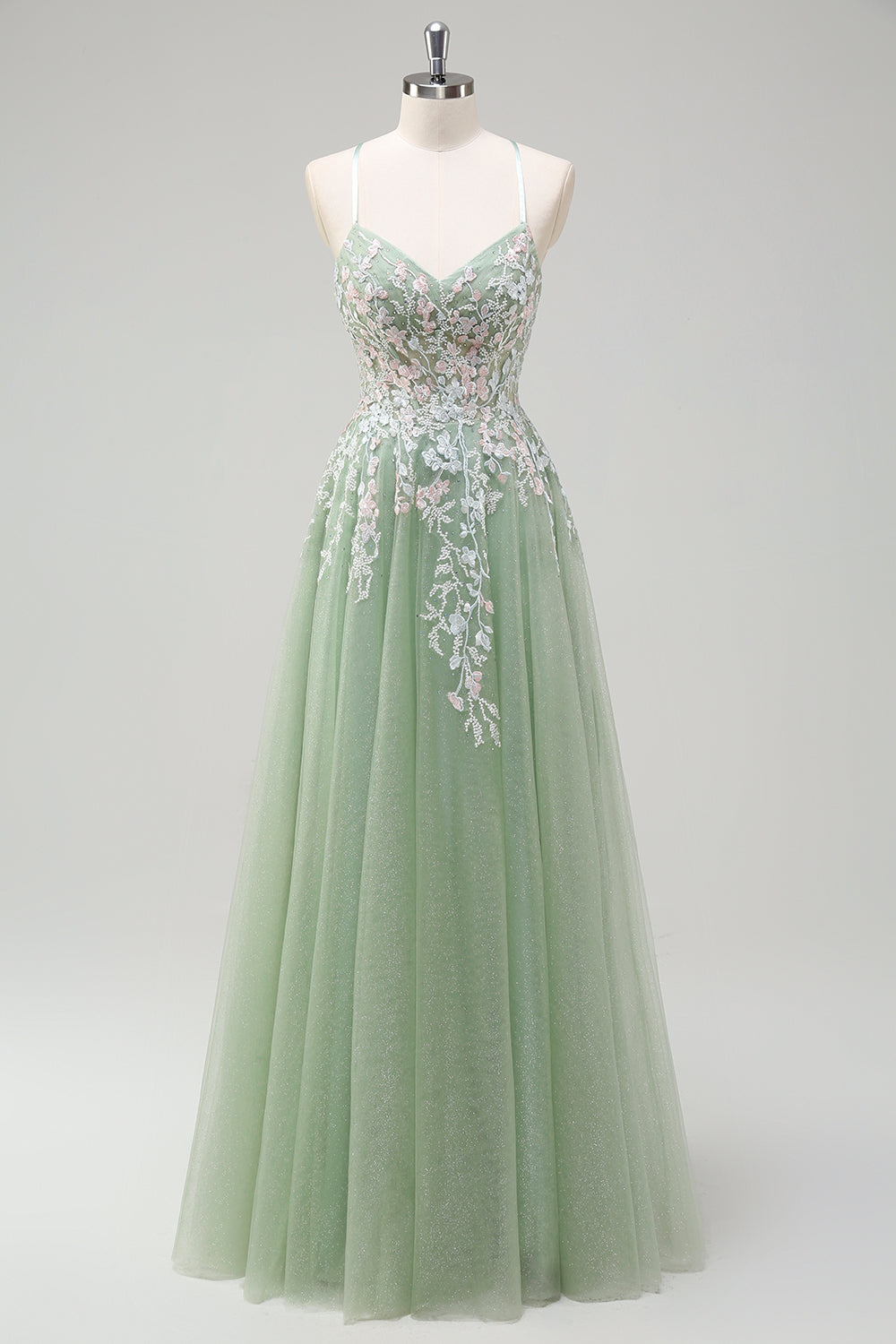 Sage A Line Tulle Applique Prom Dress with Lace-up Back - Image 1