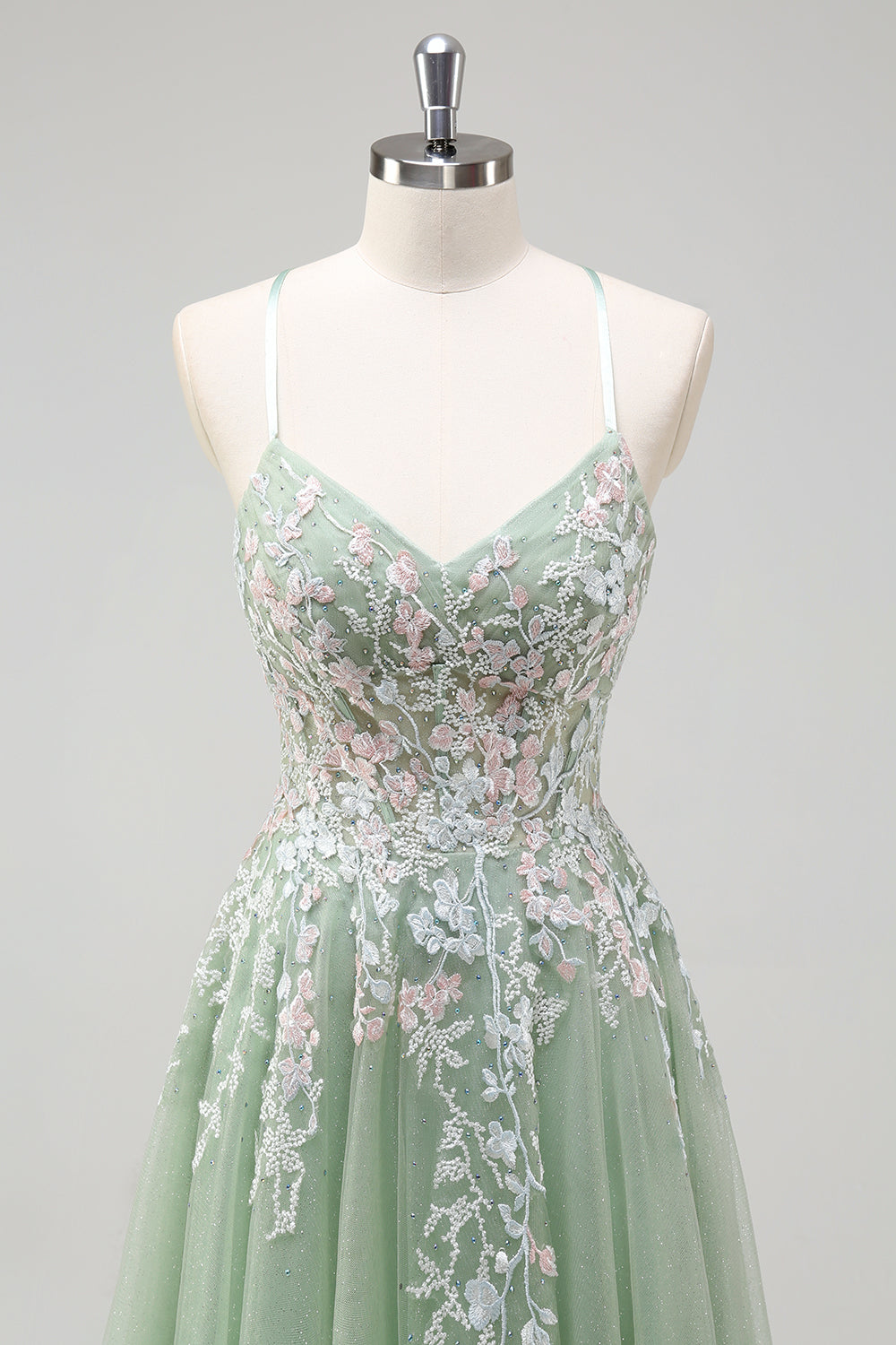 Sage A Line Tulle Applique Prom Dress with Lace-up Back - Image 4