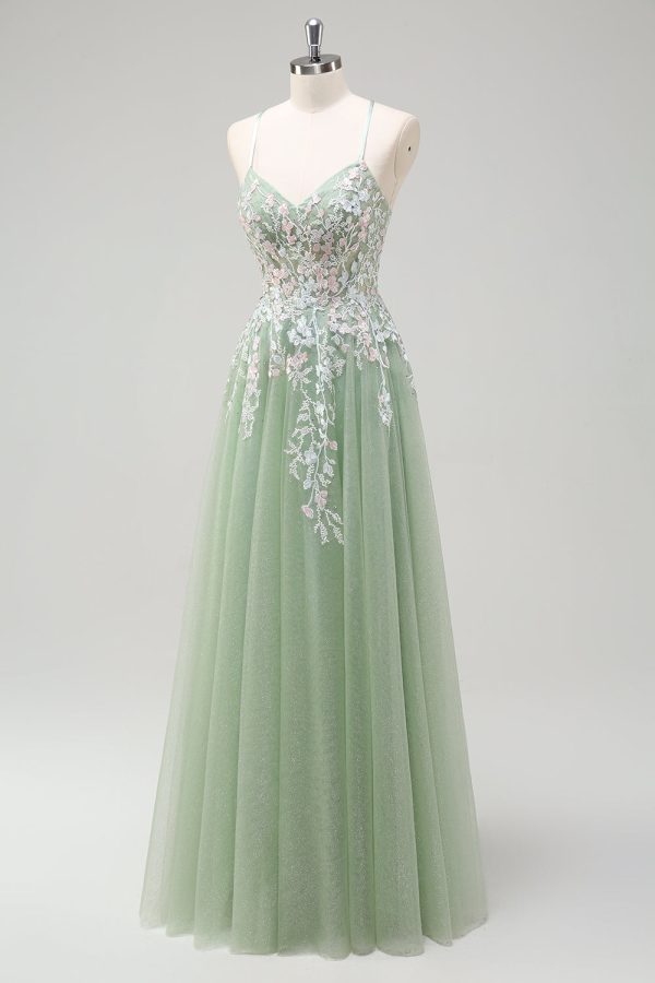 Sage A Line Tulle Applique Prom Dress with Lace-up Back - Image 3