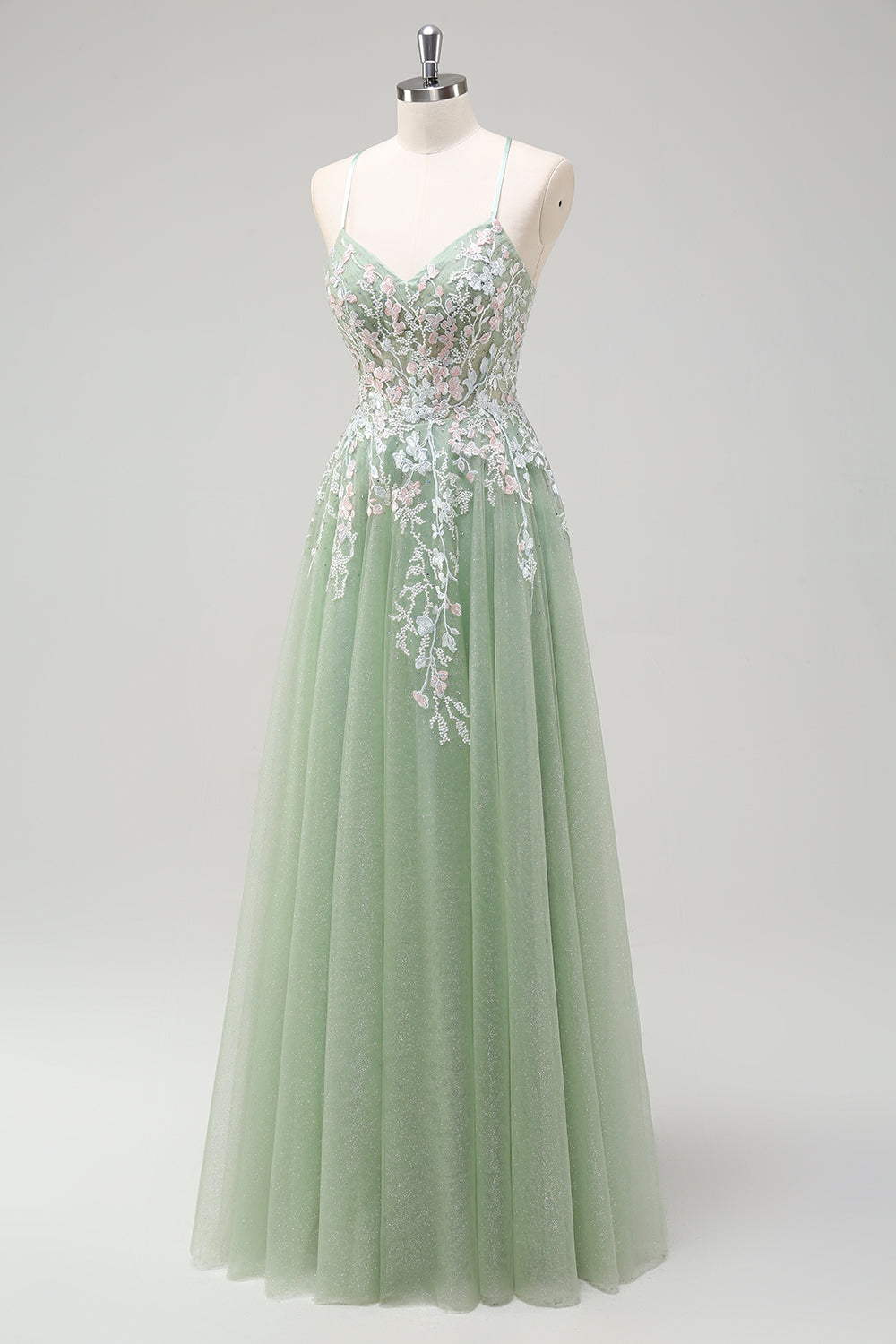Sage A Line Tulle Applique Prom Dress with Lace-up Back - Image 3