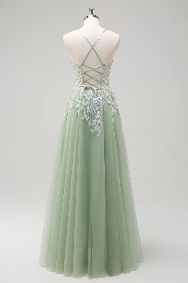 Sage A Line Tulle Applique Prom Dress with Lace-up Back - Image 2