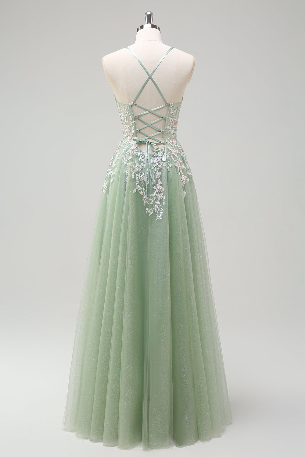Sage A Line Tulle Applique Prom Dress with Lace-up Back - Image 2