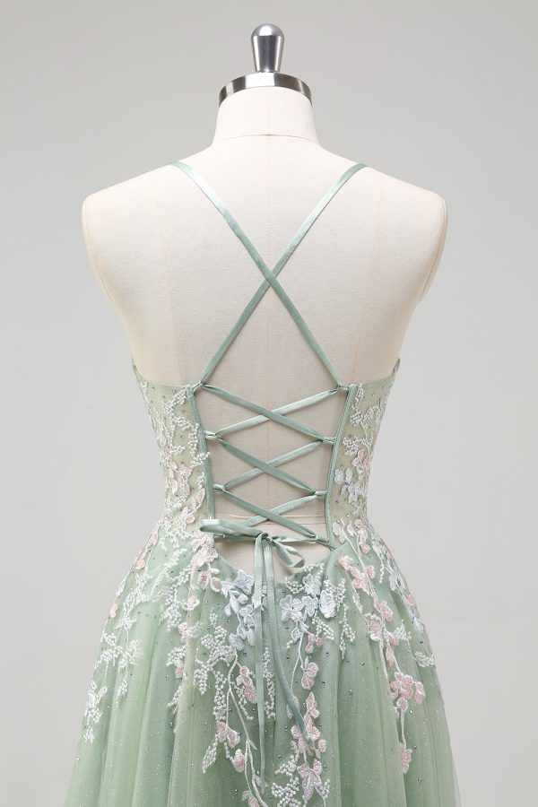 Sage A Line Tulle Applique Prom Dress with Lace-up Back - Image 5