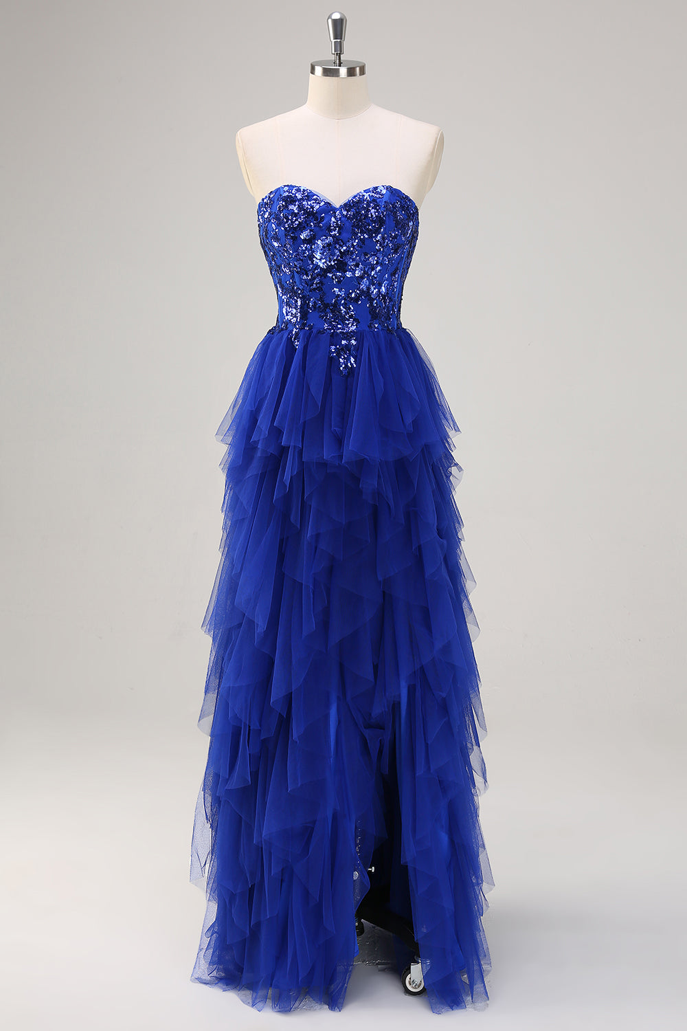 Royal Blue Sequined Tulle Sweetheart Sheath Prom Dress with Slit - Image 1