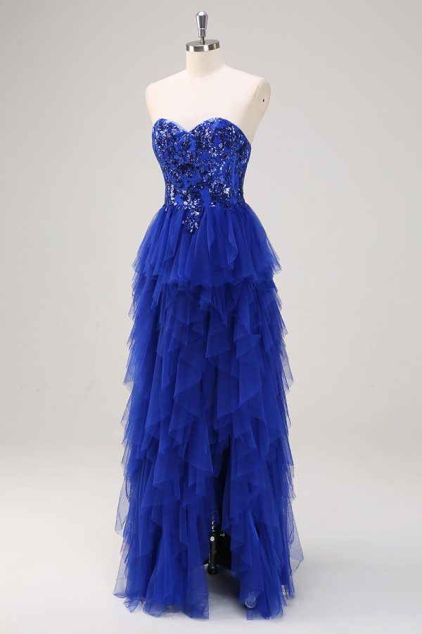 Royal Blue Sequined Tulle Sweetheart Sheath Prom Dress with Slit - Image 3