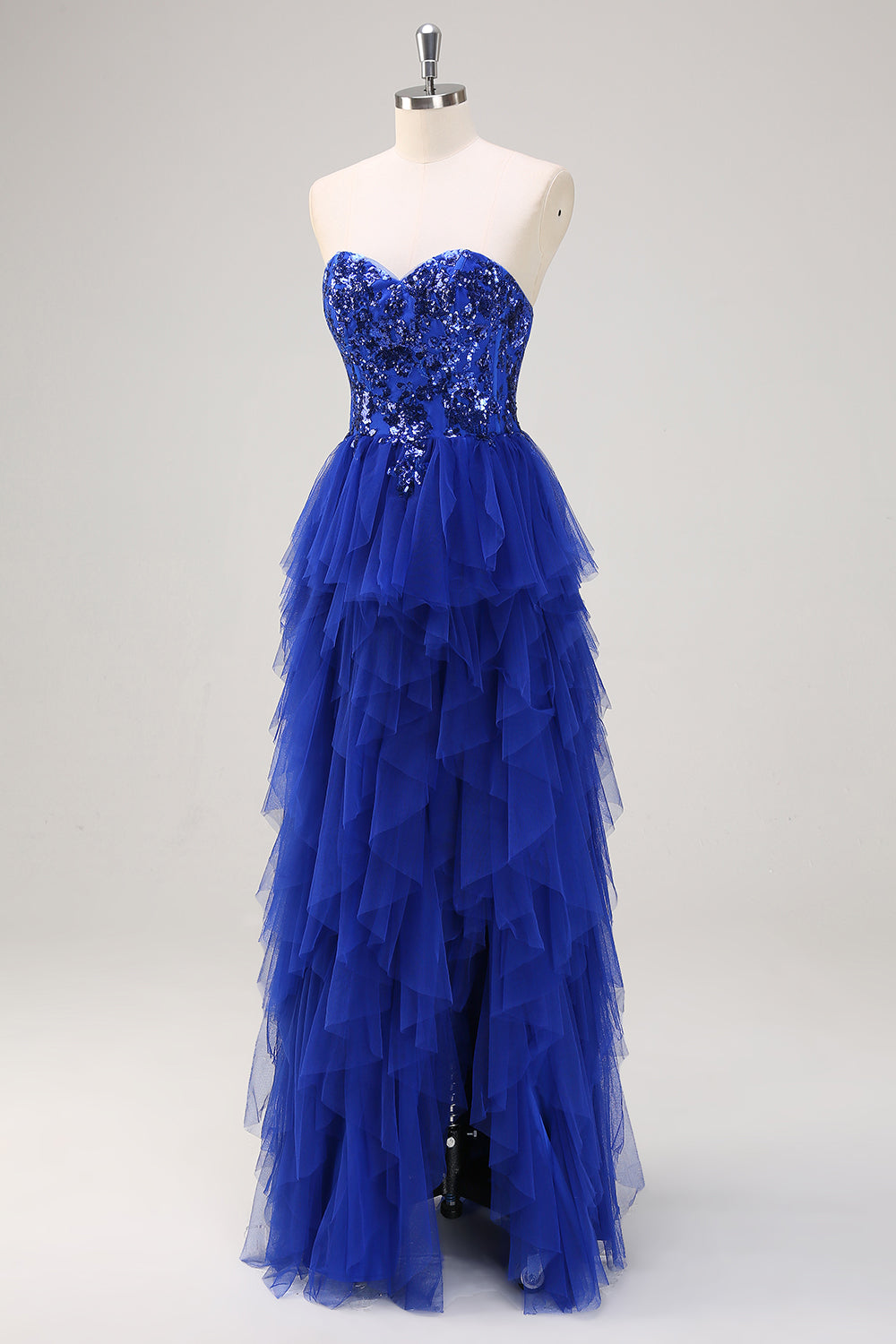 Royal Blue Sequined Tulle Sweetheart Sheath Prom Dress with Slit - Image 3