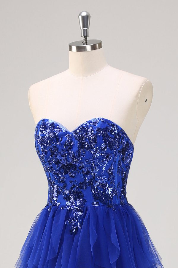 Royal Blue Sequined Tulle Sweetheart Sheath Prom Dress with Slit - Image 6