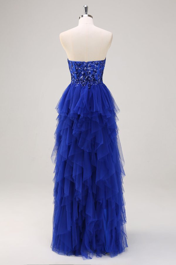 Royal Blue Sequined Tulle Sweetheart Sheath Prom Dress with Slit - Image 2