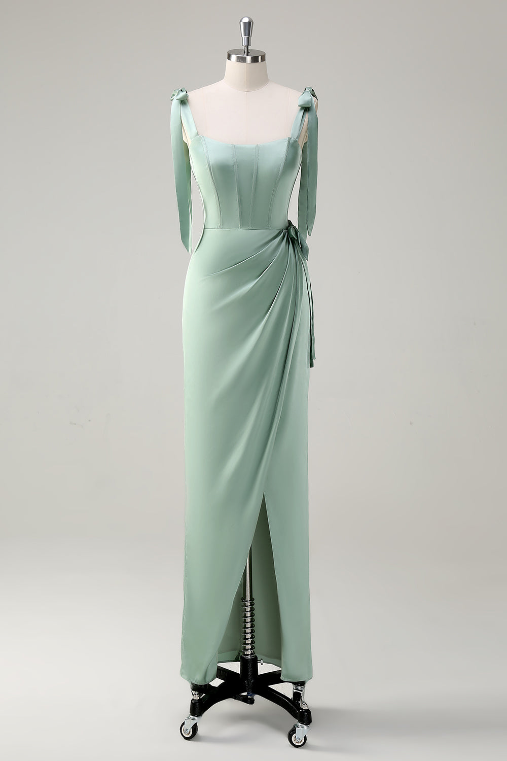 Sage Corset Convertible Straps Sheath Bridesmaid Dress with Slit - Image 1