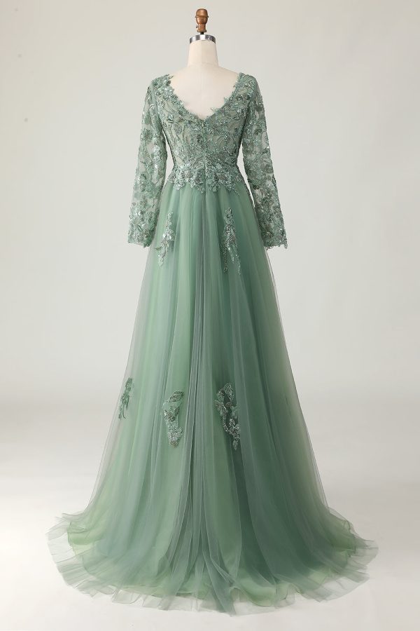 Sage A Line Long Sleeve Prom Dress with Appliques - Image 2