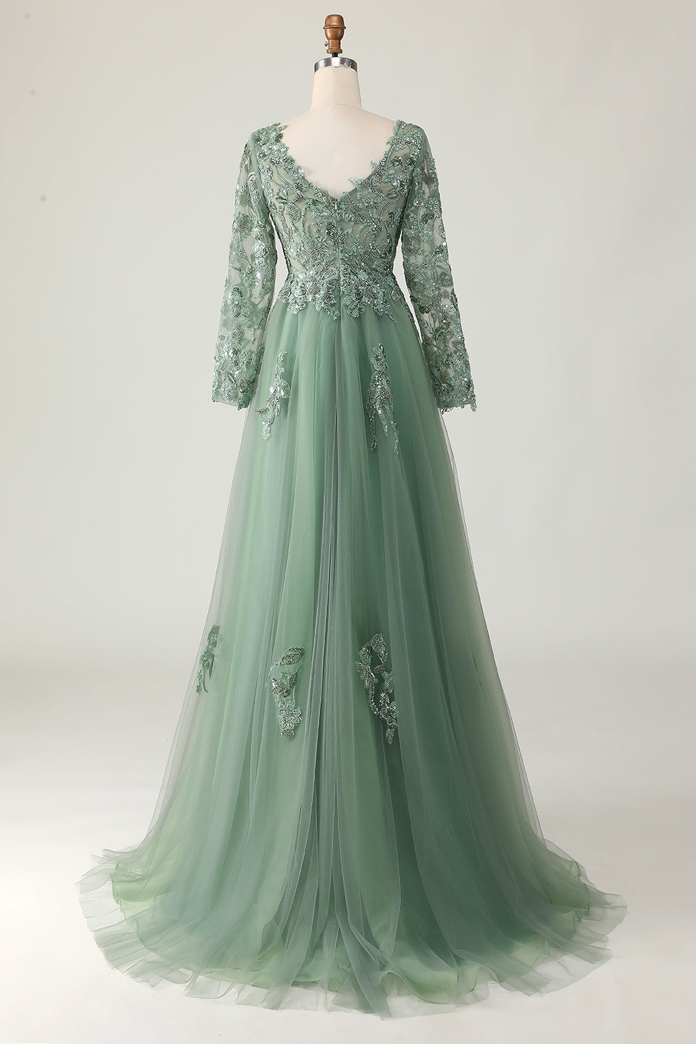 Sage A Line Long Sleeve Prom Dress with Appliques - Image 2