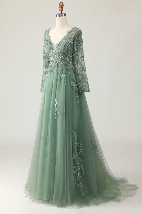 Sage A Line Long Sleeve Prom Dress with Appliques - Image 3