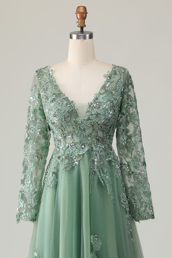 Sage A Line Long Sleeve Prom Dress with Appliques - Image 4