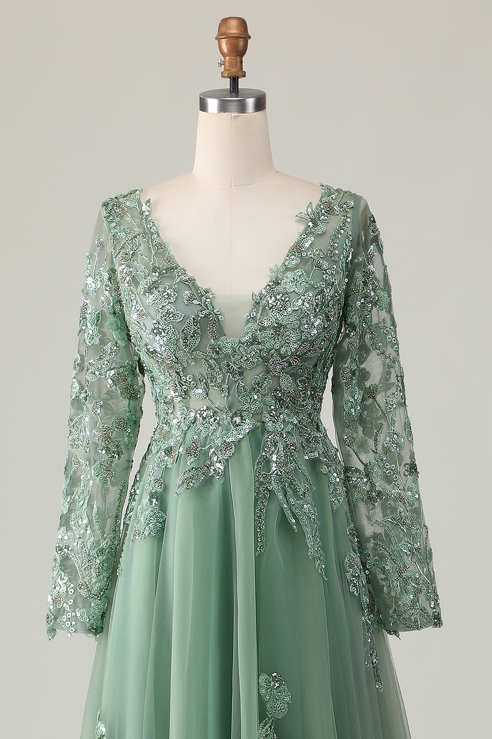 Sage A Line Long Sleeve Prom Dress with Appliques - Image 4