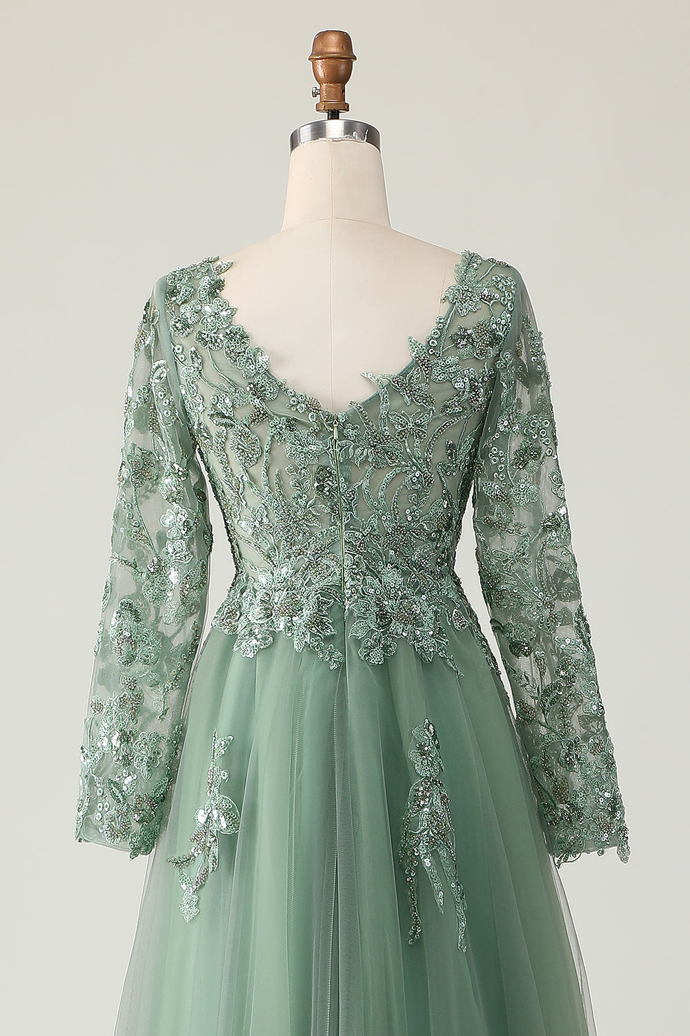 Sage A Line Long Sleeve Prom Dress with Appliques - Image 5