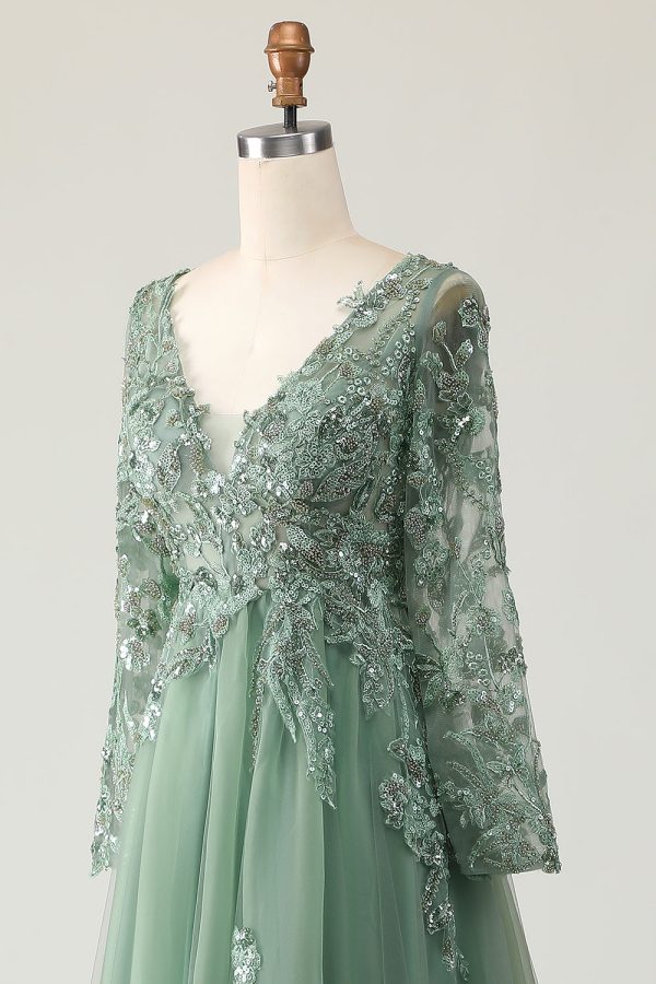 Sage A Line Long Sleeve Prom Dress with Appliques - Image 6