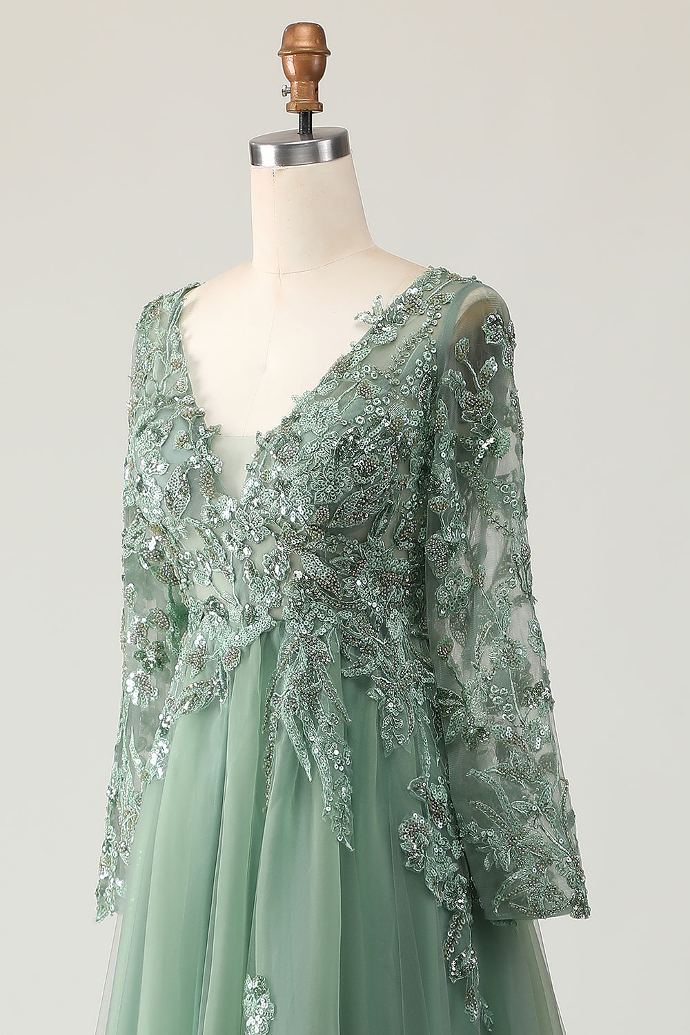 Sage A Line Long Sleeve Prom Dress with Appliques - Image 6