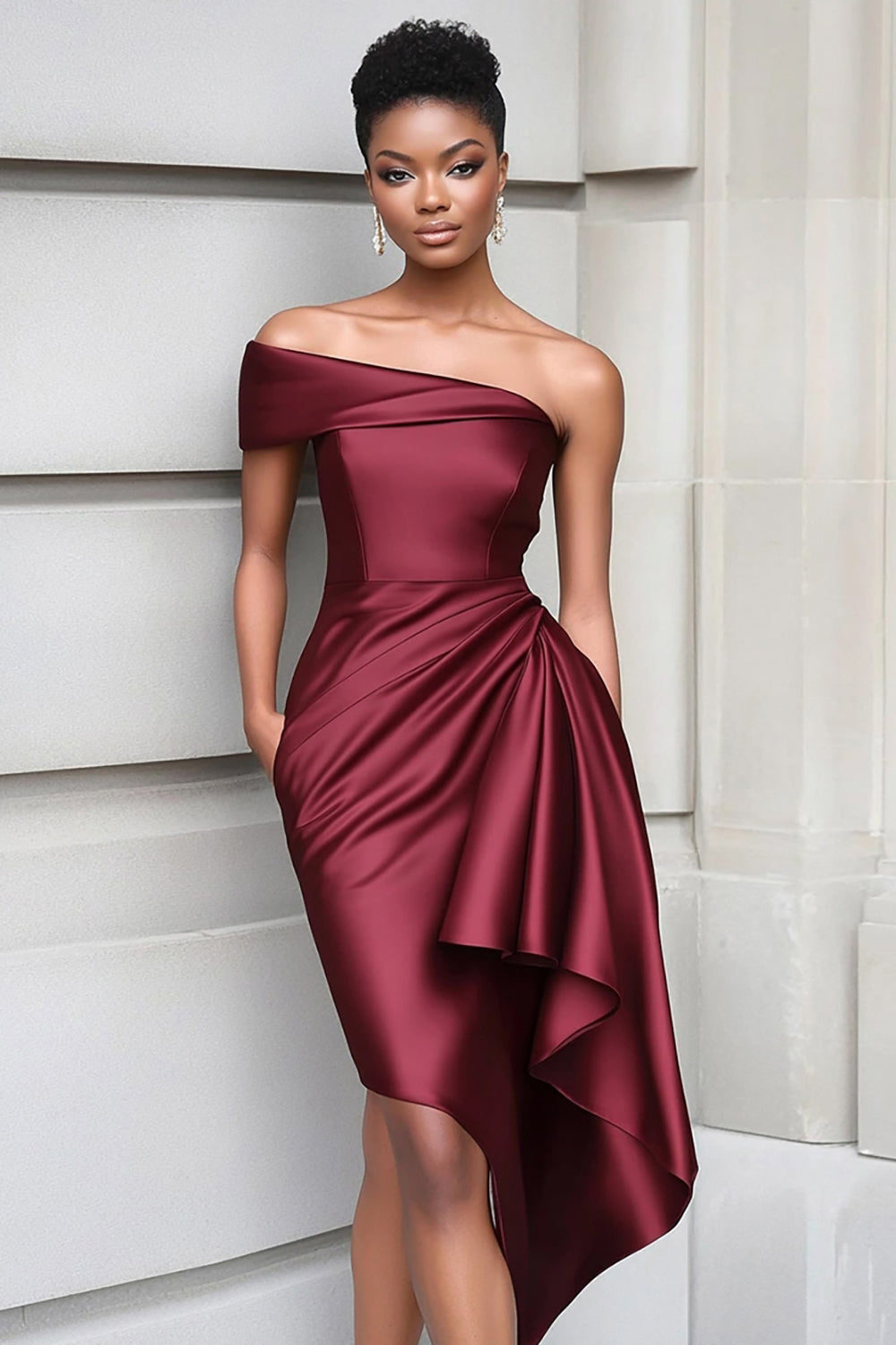Ruched One Shoulder Tight Burgundy Knee Length Gala Dress - Image 1