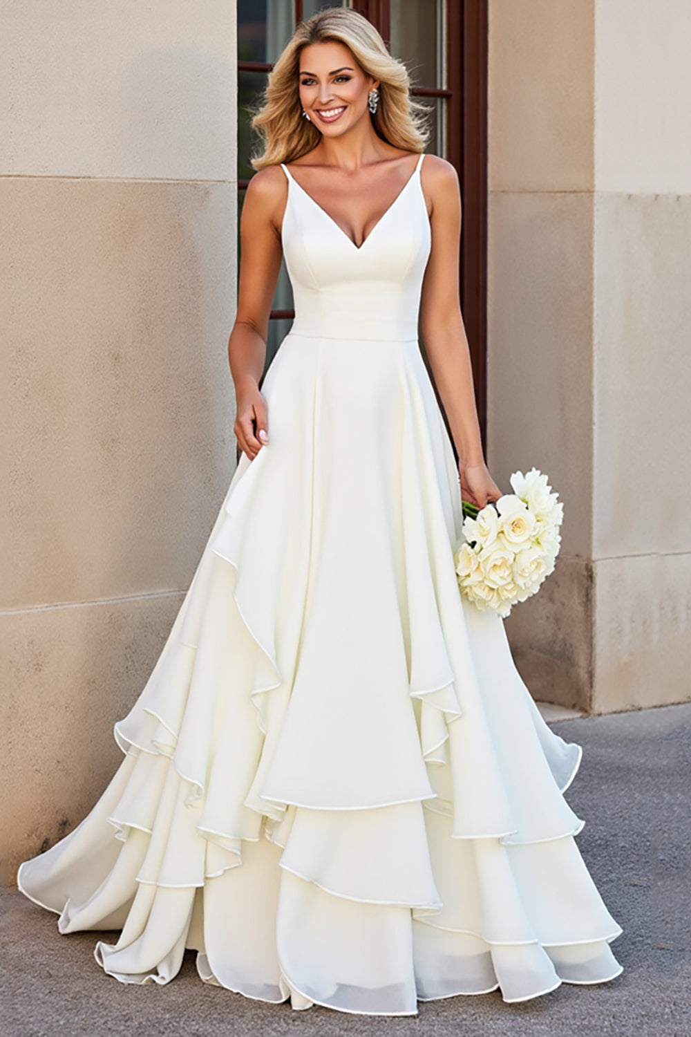 Ivory A Line V Neck Tiered Long Wedding Dress with Ruffles - Image 1
